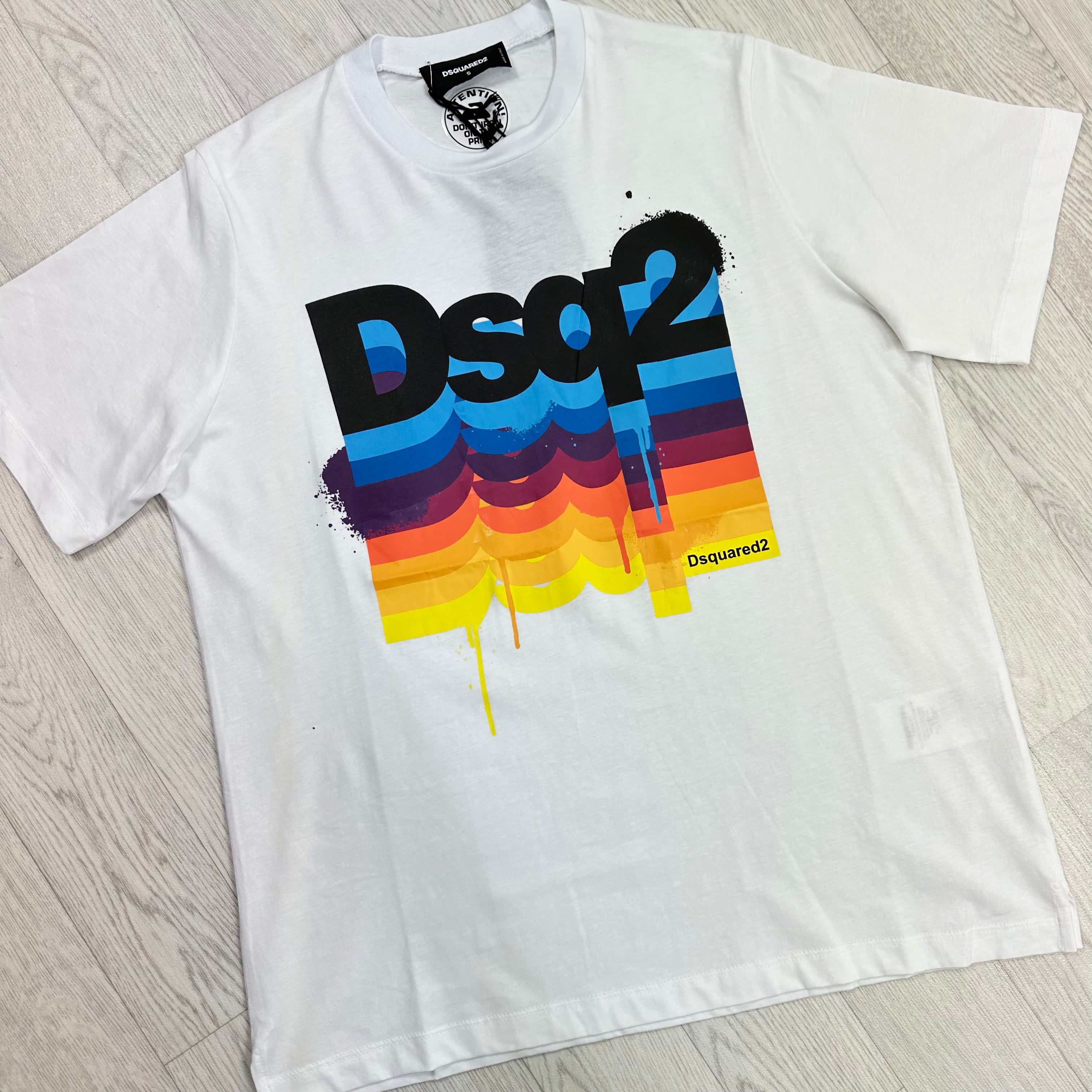 White Repeated Rainbow Logo Print T-Shirt.