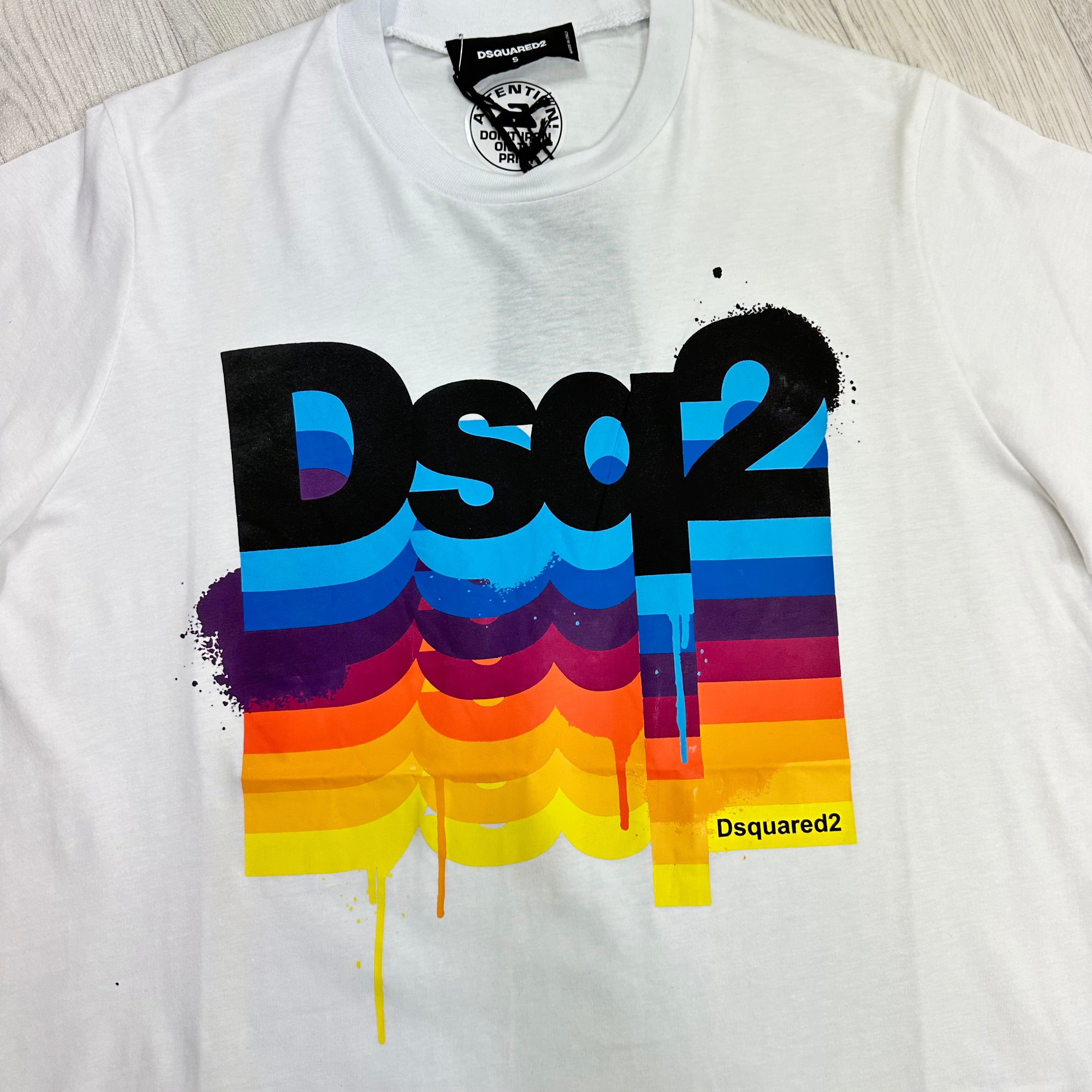White Repeated Rainbow Logo Print T-Shirt.