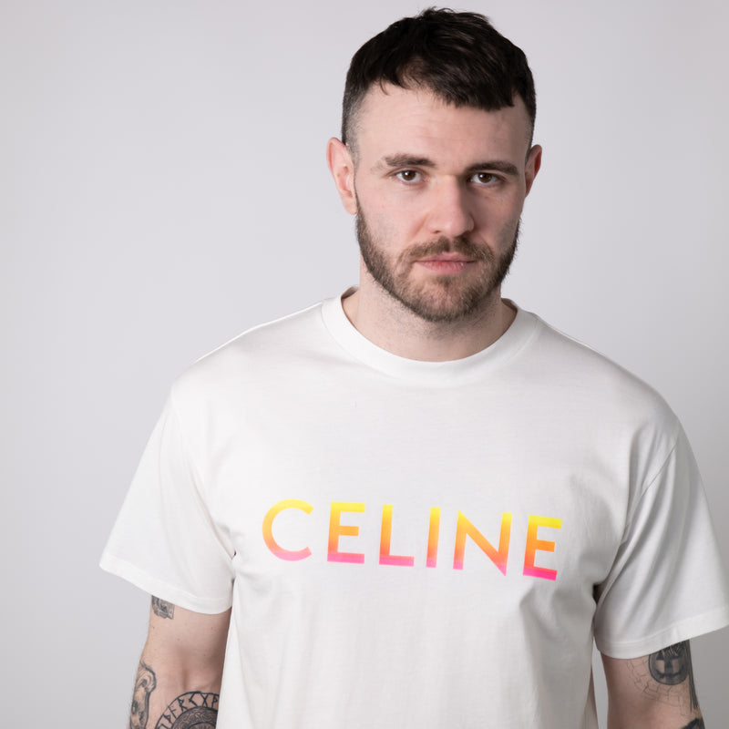 Men's Celine T-Shirt with Celine Print in Yellow Cotton Size XL